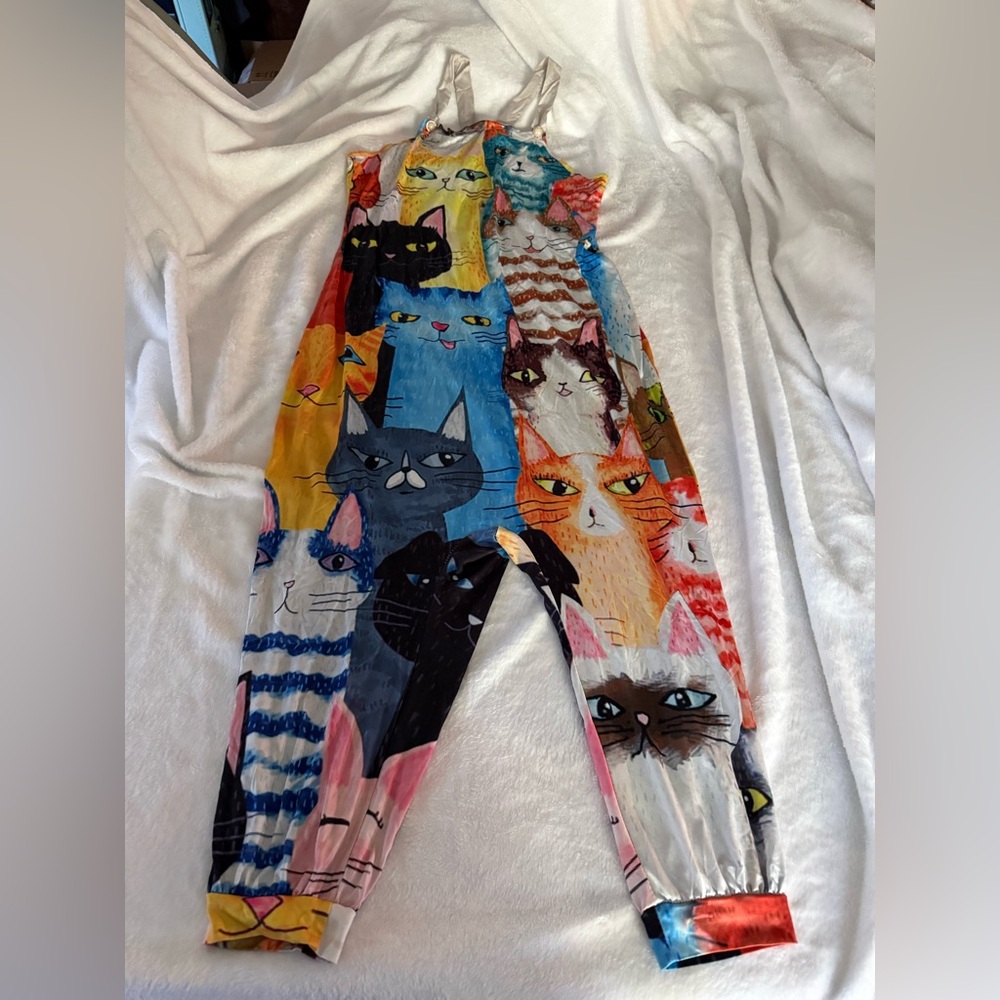 Colorful Cat Print Harem Style Jumpsuit Adj Straps XS/S - Picture 1 of 6